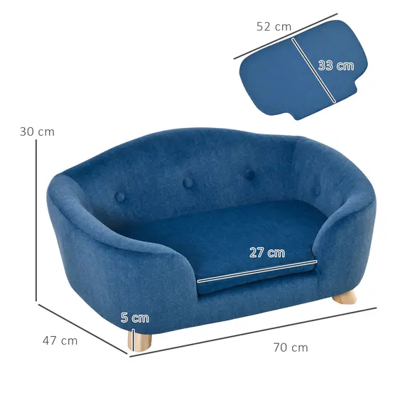 Buy PawHut Pet Sofa, Dog Bed Couch, Puppy Kitten Lounge, with Wooden Frame, Short Plush Cover, Washable Cushion, for Small Dog, 70 x 47 x 30 cm, Blue, 2 image