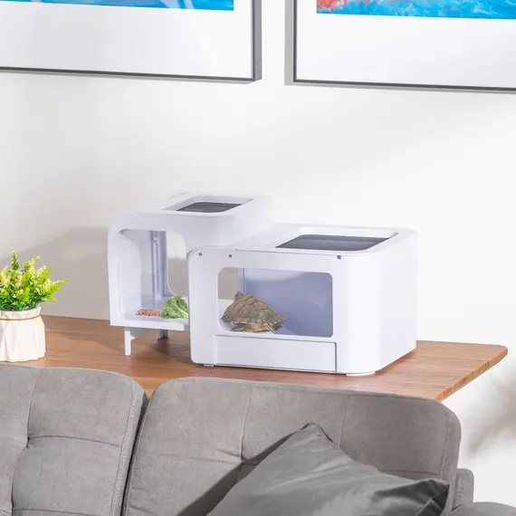 Buy Tortoise House Turtle Tank Hermit Crab Habitat Small Reptile Cage with Water Area Basking Platform Ramp 47 x 28 x 25 cm, White