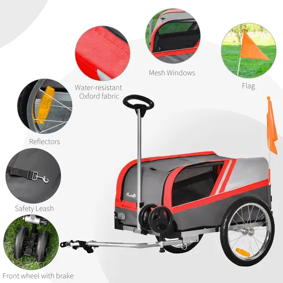 Buy Dog Bike Trailer Two-In-One Trolley Stroller Cart Bicycle Carrier for Cat Puppy Travel w/ Reflectors Red Flag вЂ“ Red, 8 image