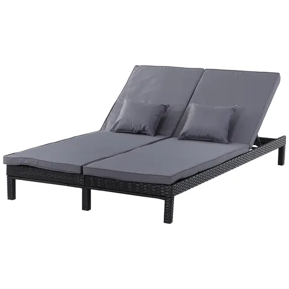Buy 2 Seater Rattan Lounger Adjustable Double Chaise Chair Loveseat w/ Cushion Black