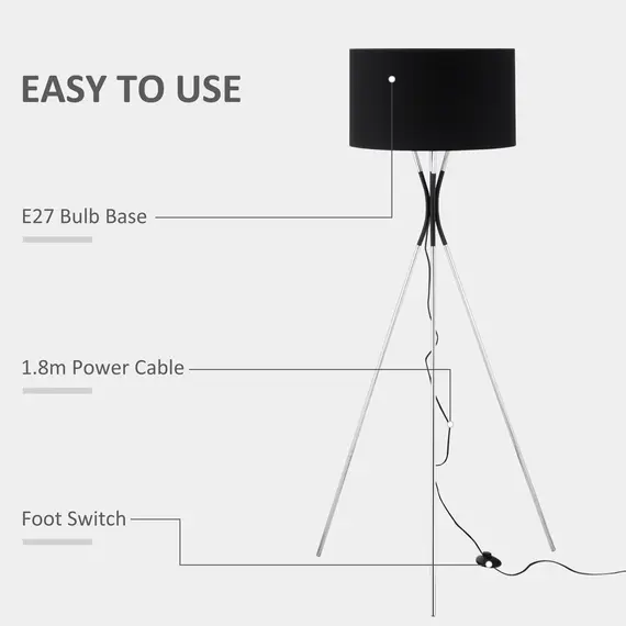 Buy Modern Tripod Floor Lamp, Free Standing Light with Metal Frame, Fabric Lampshade and E27 Base for Living Room, Bedroom, Office, Black, 5 image