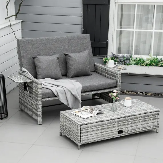Buy Outsunny 2 Seater Garden Patio Outdoor Rattan Furniture Sofa Sun Lounger Daybed with Fire Retardant Sponge Assembled - Grey