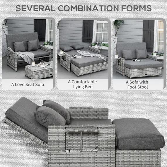 Buy Outsunny 2 Seater Garden Patio Outdoor Rattan Furniture Sofa Sun Lounger Daybed with Fire Retardant Sponge Assembled - Grey, 3 image