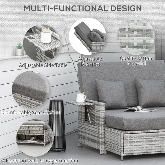 Buy Outsunny 2 Seater Garden Patio Outdoor Rattan Furniture Sofa Sun Lounger Daybed with Fire Retardant Sponge Assembled - Grey, 4 image