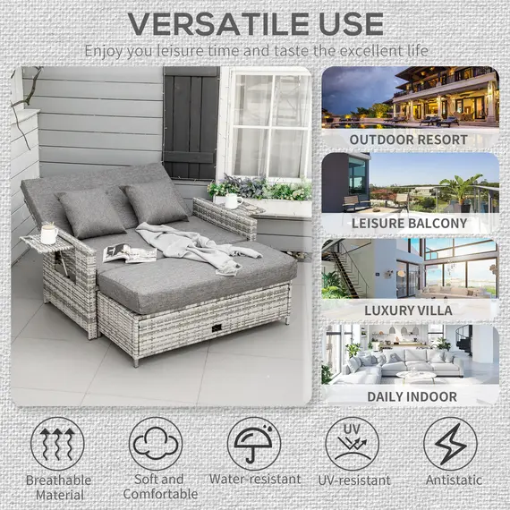 Buy Outsunny 2 Seater Garden Patio Outdoor Rattan Furniture Sofa Sun Lounger Daybed with Fire Retardant Sponge Assembled - Grey, 5 image