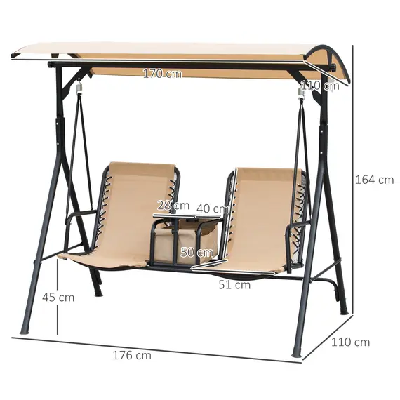 Buy Outsunny 2-Seater Swing Chair Steel Frame Adjustable Canopy Texteline Garden Swing Seat w/ Middle Table Cup Holders Heavy Duty Outdoor Patio - Beige, 2 image