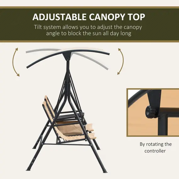 Buy Outsunny 2-Seater Swing Chair Steel Frame Adjustable Canopy Texteline Garden Swing Seat w/ Middle Table Cup Holders Heavy Duty Outdoor Patio - Beige, 3 image