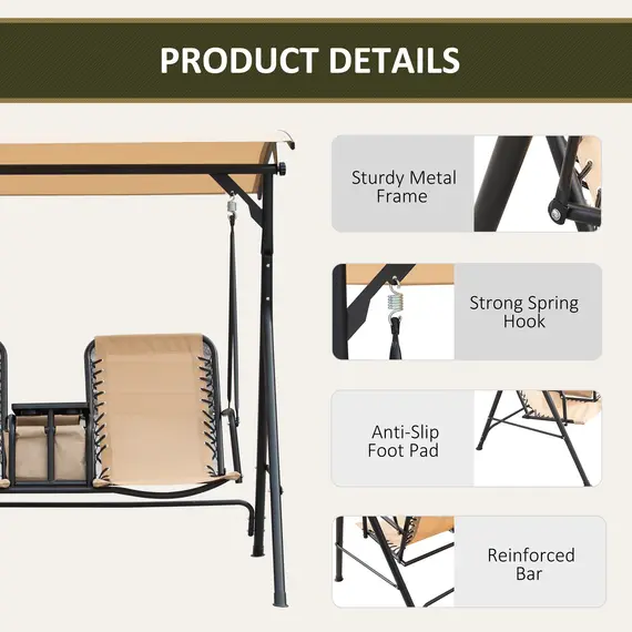 Buy Outsunny 2-Seater Swing Chair Steel Frame Adjustable Canopy Texteline Garden Swing Seat w/ Middle Table Cup Holders Heavy Duty Outdoor Patio - Beige, 6 image