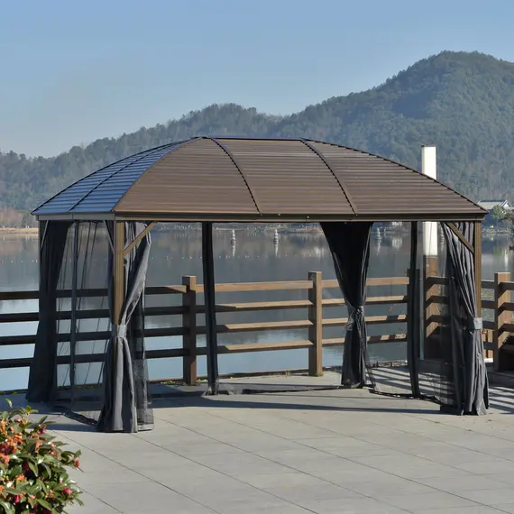 Buy Outsunny 4 x 3(m) Patio Aluminium Gazebo Hardtop Metal Roof Canopy Party Tent Garden Outdoor Shelter with Mesh Curtains & Side Walls, Dark Grey