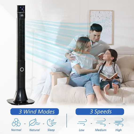 Buy 47" Anion Tower Fan Cooling for Bedroom with 3 Speed, 12h Timer, Oscillating, LED Display, Remote Controller, Black, 3 image