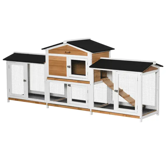 Buy 2-Tier Large Rabbit Hutch Outdoor with Double Side Run Boxes, No-leak Plastic Tray, Ramp, 230 x 53 x 93.5cm, White
