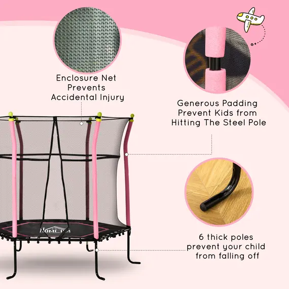 Buy HOMCOM 5.2FT / 63 Inch Kids Trampoline With Enclosure Net Mini Indoor Outdoor Trampolines for Child Toddler Age 3 - 10 Years Pink, 4 image