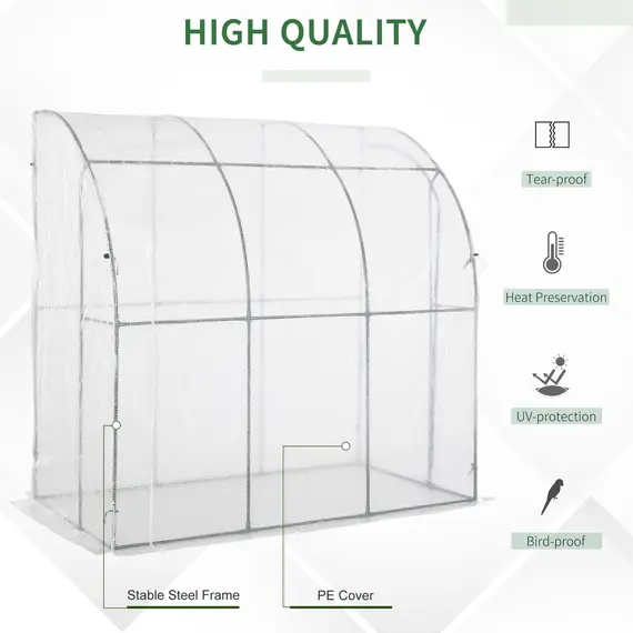 Buy Outdoor Walk-In Lean to Wall Greenhouse with Zippered Roll Up Door and PE Cover, 214L x 118W x 212Hcm, White, 6 image