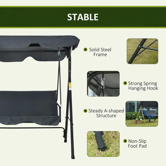 Buy Outsunny 3 Seater Canopy Swing Chair Garden Rocking Bench Heavy Duty Patio Metal Seat w/ Top Roof - Dark Grey, 4 image