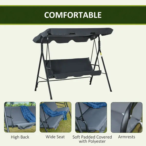 Buy Outsunny 3 Seater Canopy Swing Chair Garden Rocking Bench Heavy Duty Patio Metal Seat w/ Top Roof - Dark Grey, 5 image