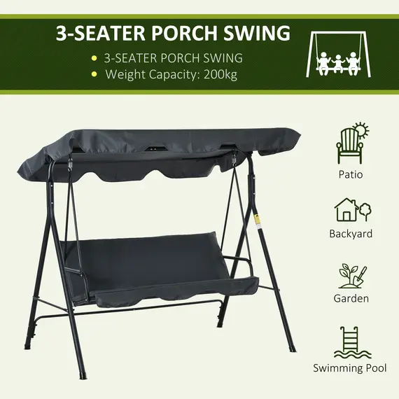 Buy Outsunny 3 Seater Canopy Swing Chair Garden Rocking Bench Heavy Duty Patio Metal Seat w/ Top Roof - Dark Grey, 6 image