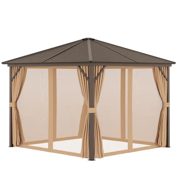 Buy Outsunny 3 x 3 Meters Patio Aluminium Gazebo Hardtop Metal Roof Canopy Party Tent Garden Outdoor Shelter with Mesh Curtains & Side Walls - Brown, 3 image