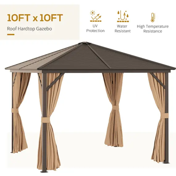 Buy Outsunny 3 x 3 Meters Patio Aluminium Gazebo Hardtop Metal Roof Canopy Party Tent Garden Outdoor Shelter with Mesh Curtains & Side Walls - Brown, 7 image