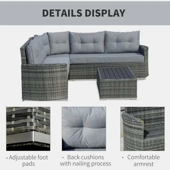 Buy Outsunny 4 Pieces Outdoor PE Rattan Sofa Set, Patio Wicker Sectional Conversation Aluminium Frame Corner Sofa Set, w/ Padded Cushion Mixed Grey, 3 image