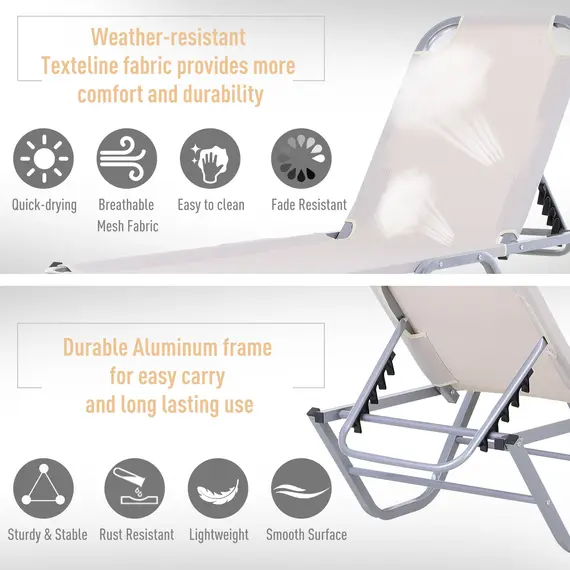 Buy Outsunny Sun Lounger Relaxer Recliner with 5-Position Adjustable Backrest Lightweight Frame for Pool or Sun Bathing Cream White, 5 image