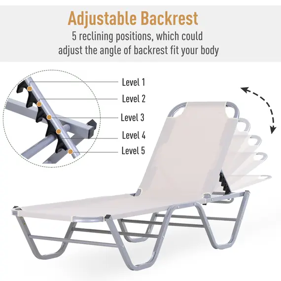 Buy Outsunny Sun Lounger Relaxer Recliner with 5-Position Adjustable Backrest Lightweight Frame for Pool or Sun Bathing Cream White, 6 image