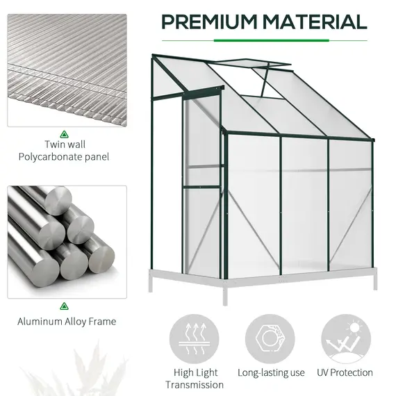 Buy Outsunny Walk-In Lean to Greenhouse Garden Heavy Duty Aluminium Polycarbonate with Roof Vent for Plants Herbs Vegetables, Green, 192 x 127 x 220 cm, 5 image