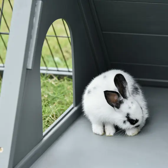Buy Wooden Rabbit Cage Small Animal Hutch w/ Outside Area - Grey, 8 image