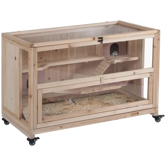 Buy Wooden Hamster Cage, Mice Rodent Small Animals Kit Hutch, 3 Tiers Exercise Play House, with Wheels, Bottom Tray, 99 x 50 x 69 cm, Natural Wood