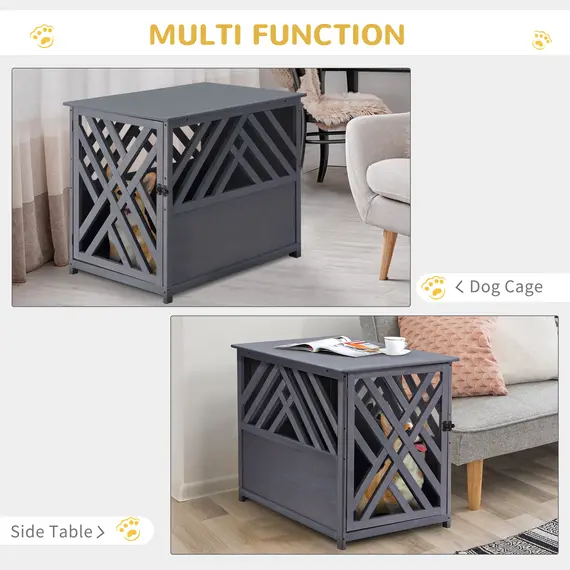 Buy Furniture Style Wooden Dog Crate Kennel Top End Table Decorative Dog Cage Lattice Night Stand with Lockable Door, 60 x 91 x 74 cm, Grey, 3 image