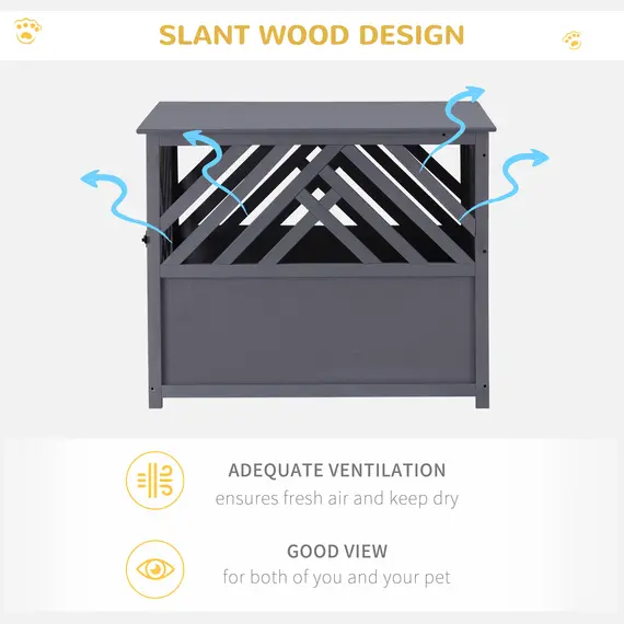 Buy Furniture Style Wooden Dog Crate Kennel Top End Table Decorative Dog Cage Lattice Night Stand with Lockable Door, 60 x 91 x 74 cm, Grey, 4 image
