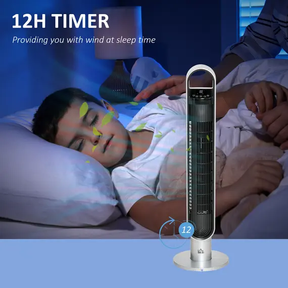Buy HOMCOM 39" Anion Freestanding Tower Fan Cooling for Bedroom with Oscillating, 3 Speed, 12h Timer, LED Sensor Panel, Remote Controller, Silver, 5 image
