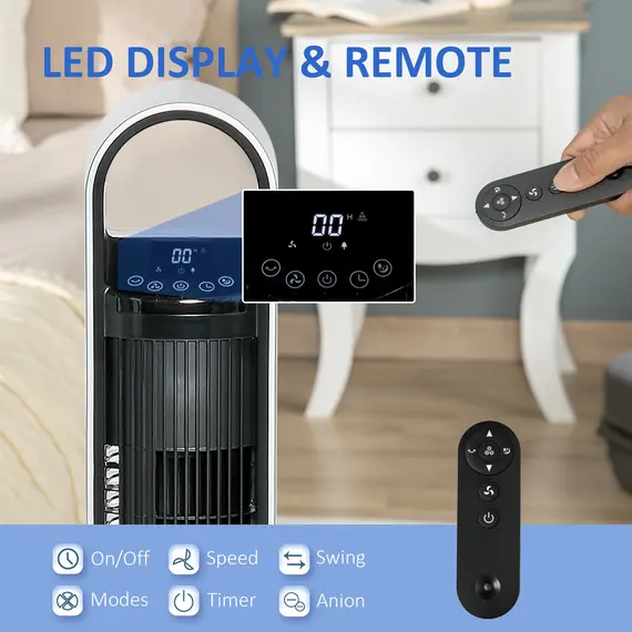 Buy HOMCOM 39" Anion Freestanding Tower Fan Cooling for Bedroom with Oscillating, 3 Speed, 12h Timer, LED Sensor Panel, Remote Controller, Silver, 6 image