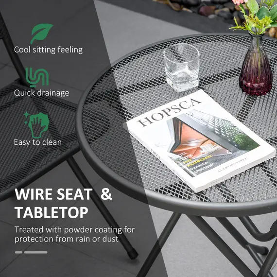 Buy Outsunny 3 Piece Garden Bistro Set w/ Folding Design Mesh Metal Outdoor Coffee Table Set Two Chairs Black, 5 image