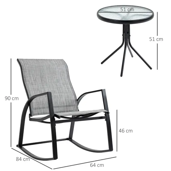 Buy Outsunny 3 Pieces Outdoor Patio Bistro Set w/ 2 Rocking Chairs and Tempered Glass Table for Garden, Porch, Poolside, Grey, 2 image