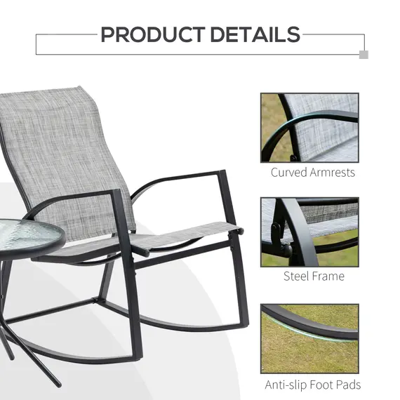Buy Outsunny 3 Pieces Outdoor Patio Bistro Set w/ 2 Rocking Chairs and Tempered Glass Table for Garden, Porch, Poolside, Grey, 5 image