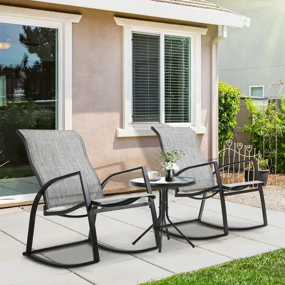 Buy Outsunny 3 Pieces Outdoor Patio Bistro Set w/ 2 Rocking Chairs and Tempered Glass Table for Garden, Porch, Poolside, Grey, 6 image
