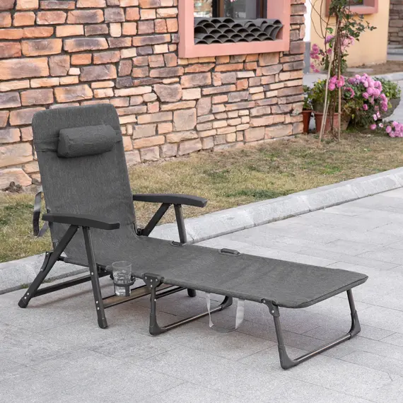 Buy Outsunny Folding Sun Lounger, Mesh Fabric Chaise Lounge Chair, 7-Reclining Position Sleeping Bed w/ Pillow & Cup Holder for Deck, Backyard, Dark Grey