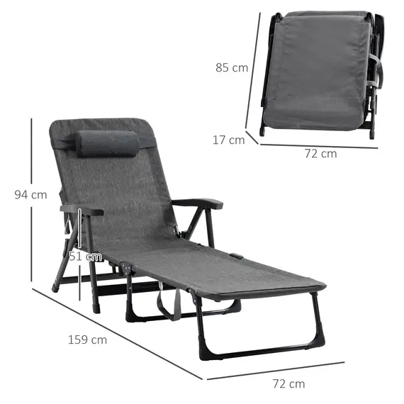 Buy Outsunny Folding Sun Lounger, Mesh Fabric Chaise Lounge Chair, 7-Reclining Position Sleeping Bed w/ Pillow & Cup Holder for Deck, Backyard, Dark Grey, 2 image