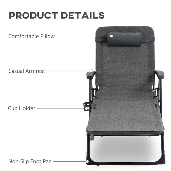 Buy Outsunny Folding Sun Lounger, Mesh Fabric Chaise Lounge Chair, 7-Reclining Position Sleeping Bed w/ Pillow & Cup Holder for Deck, Backyard, Dark Grey, 3 image