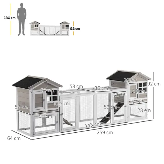 Buy PawHut 2 in 1 Wooden Rabbit Hutch, Double Main House Guinea Pig Cage, Bunny Run, Small Animal House with Run Box, Ramp, 259 x 64 x 92cm, Grey, 2 image