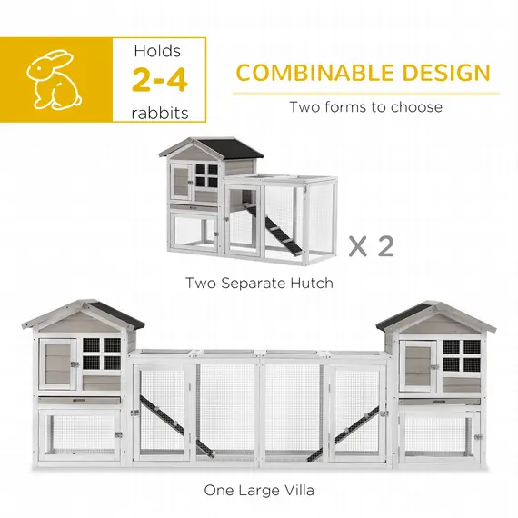 Buy PawHut 2 in 1 Wooden Rabbit Hutch, Double Main House Guinea Pig Cage, Bunny Run, Small Animal House with Run Box, Ramp, 259 x 64 x 92cm, Grey, 3 image