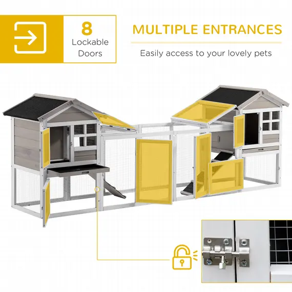 Buy PawHut 2 in 1 Wooden Rabbit Hutch, Double Main House Guinea Pig Cage, Bunny Run, Small Animal House with Run Box, Ramp, 259 x 64 x 92cm, Grey, 5 image