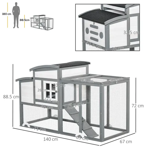 Buy PawHut Deluxe Chicken Coop, Hen House, Wooden Poultry Cage w/ Outdoor Run, Nesting Box, Removable Tray, Openable Roof, 140 x 67 x 88.5cm, 2 image