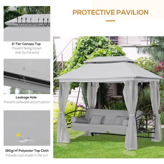 Buy Outsunny 2-in-1 Convertible Swing Chair Bed 3 Seater Hammock Gazebo Patio Bench Cushioned Seat Mesh Curtains - Grey, 5 image