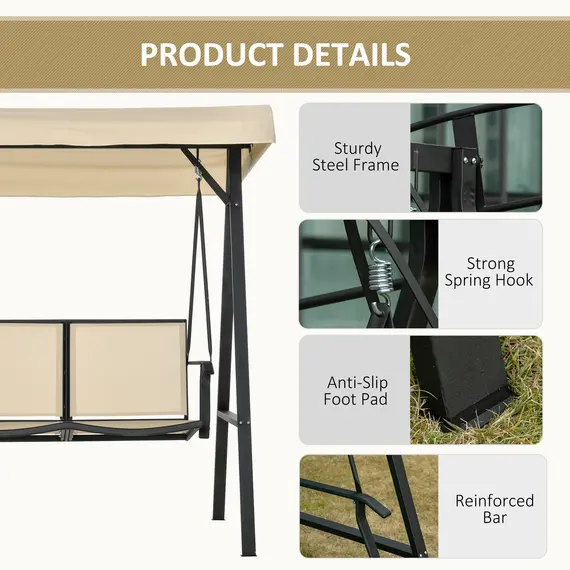Buy Outsunny 2 Seater Garden Swing Seat Swing Chair Outdoor Hammock Bench w/ Adjustable Tilting Canopy, Texteline Seats and Steel Frame, Beige, 5 image
