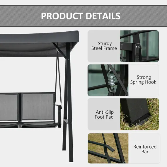 Buy Outsunny 2 Seater Garden Swing Seat Swing Chair Outdoor Hammock Bench w/ Adjustable Tilting Canopy, Texteline Seats and Steel Frame, Dark Grey, 5 image