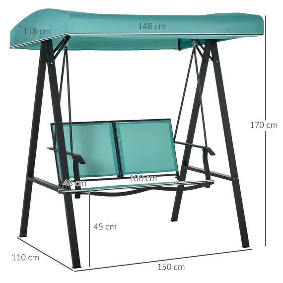 Buy Outsunny 2 Seater Garden Swing Seat Swing Chair Outdoor Hammock Bench w/ Adjustable Tilting Canopy, Texteline Seats and Steel Frame, Lake Blue, 2 image