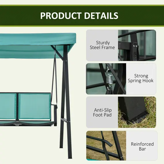 Buy Outsunny 2 Seater Garden Swing Seat Swing Chair Outdoor Hammock Bench w/ Adjustable Tilting Canopy, Texteline Seats and Steel Frame, Lake Blue, 5 image
