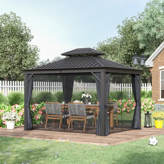 Buy Outsunny 3.7 x 3(m) Outdoor Hardtop Gazebo Canopy Aluminum Frame with 2-Tier Roof & Mesh Netting Sidewalls for Patio, Grey, 2 image