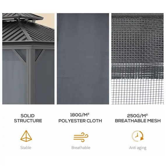 Buy Outsunny 3.7 x 3(m) Outdoor Hardtop Gazebo Canopy Aluminum Frame with 2-Tier Roof & Mesh Netting Sidewalls for Patio, Grey, 4 image